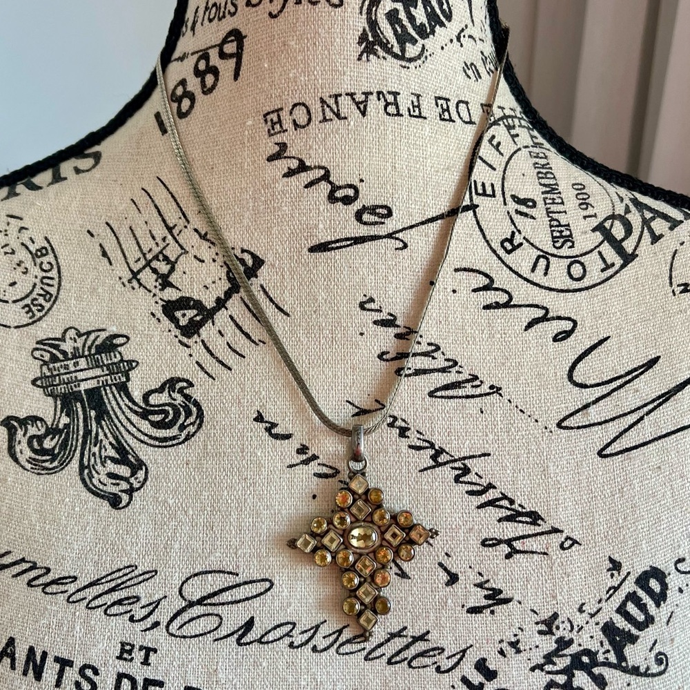 Sterling Silver Citrine Vintage Cross Pendant Necklace
